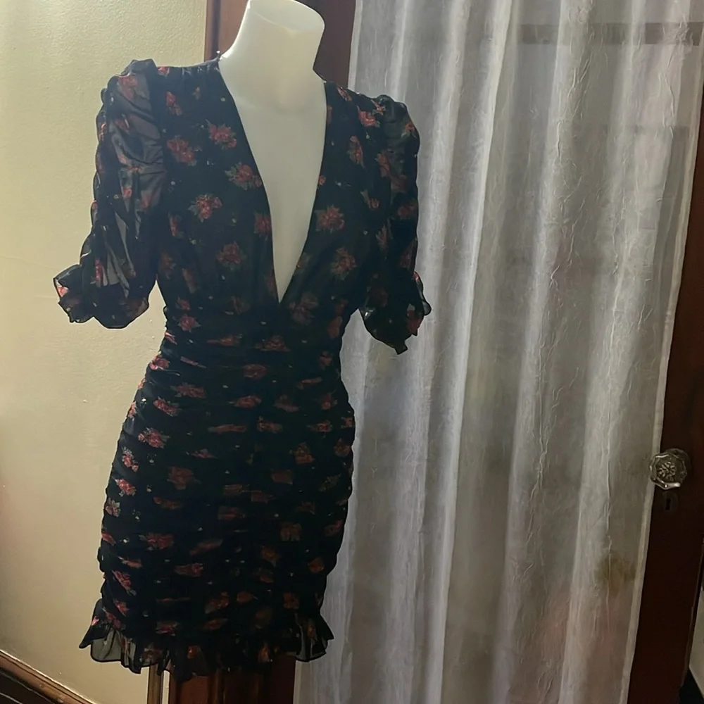 Zara Floral Ruched Mini Dress Mesh Ruffle Plunge V-Neck Puff Sleeve Size Small - Picture 5 of 8